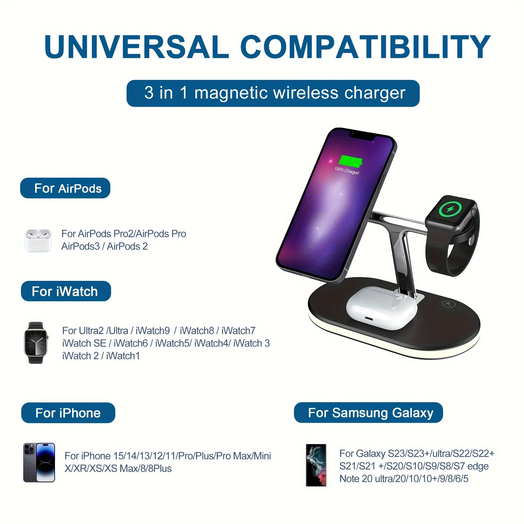 This 3-in-1 Magnetic Wireless Charging Station is compatible with iPhone, AirPods, Apple Watch, and Samsung Galaxy.