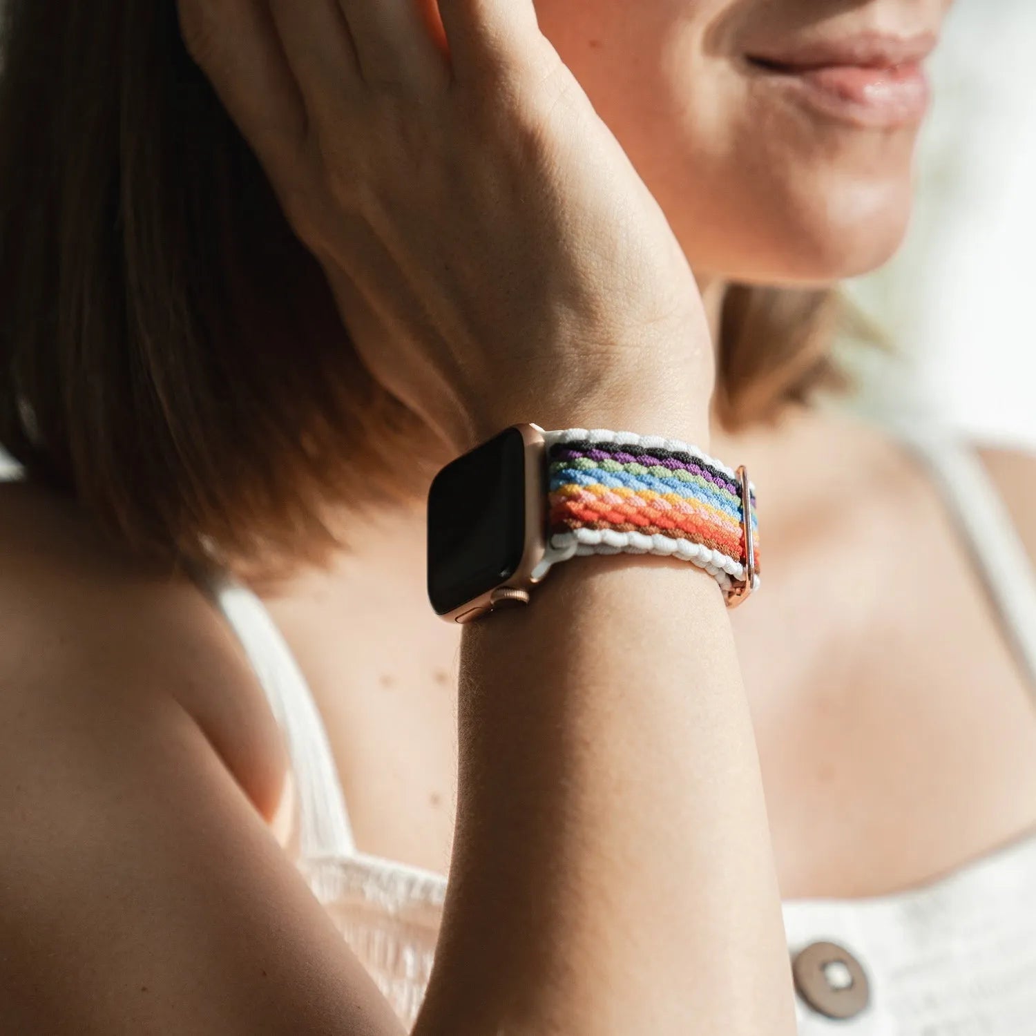 Adjustable Apple Watch Braided Loop#color_White rainbow