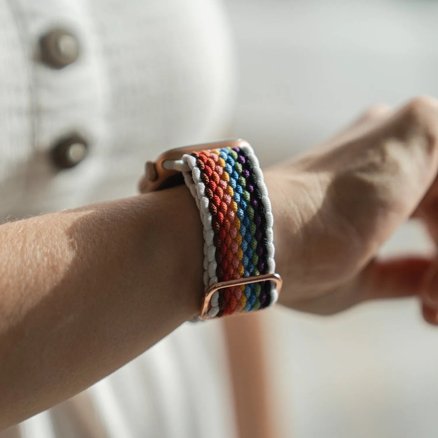 Adjustable Apple Watch Braided Loop#color_White rainbow