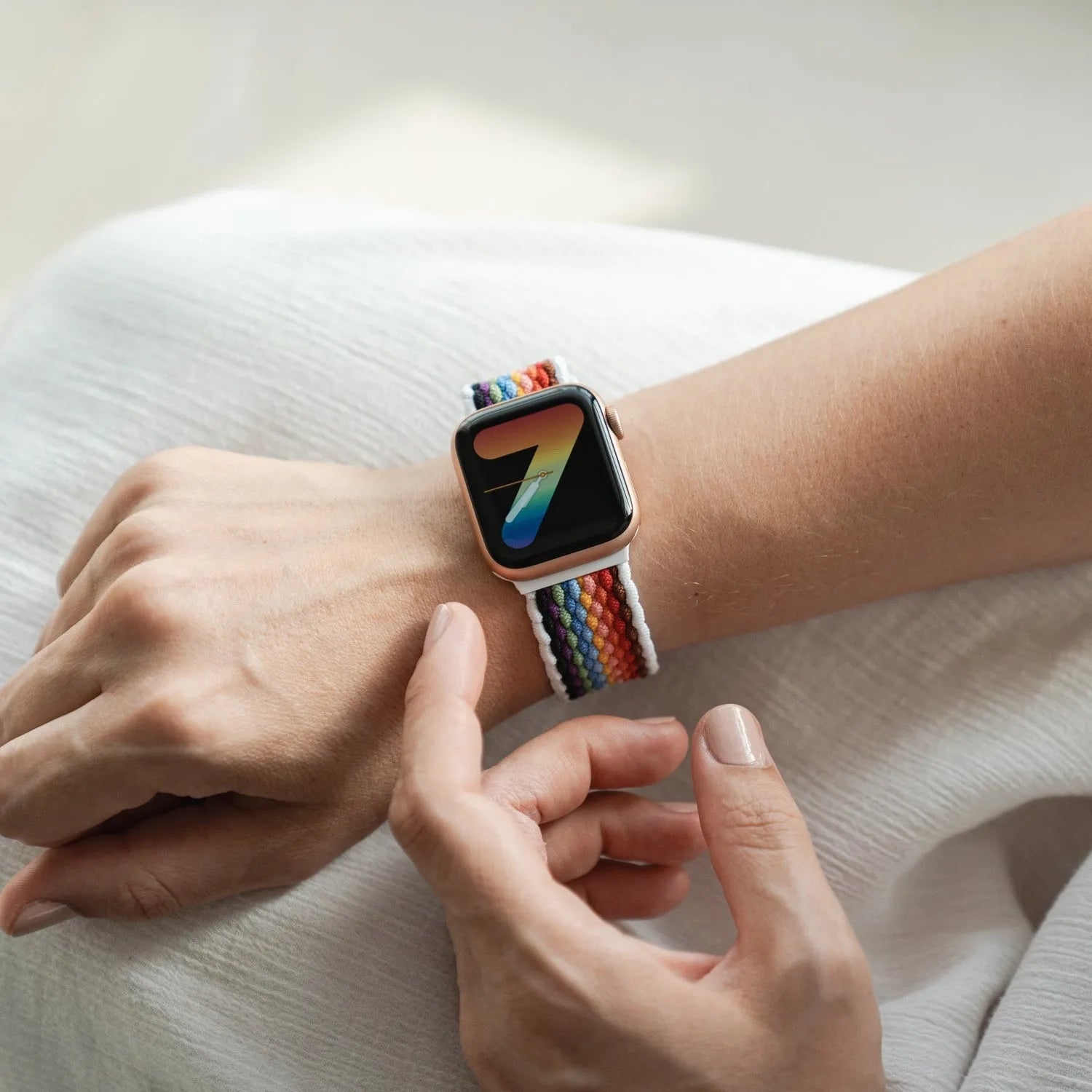 Adjustable Apple Watch Braided Loop#color_White rainbow