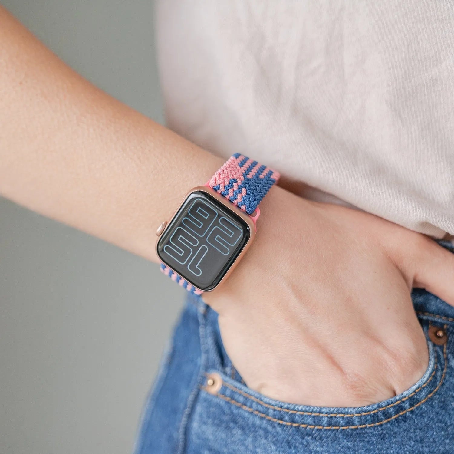 Adjustable Apple Watch Braided Loop#color_blue/pink