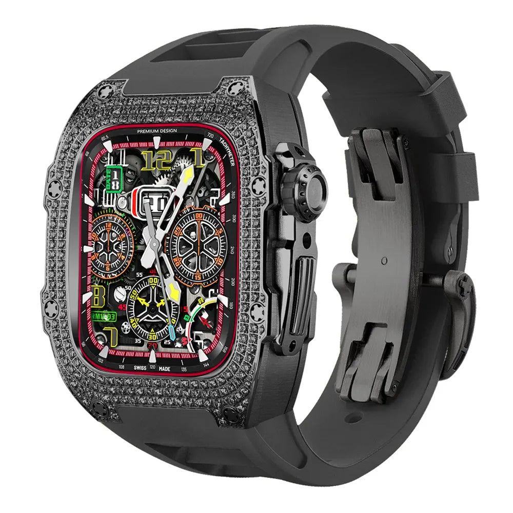 Diamond Stainless Steel Apple Watch Case Retrofit Kit - black band#color_black