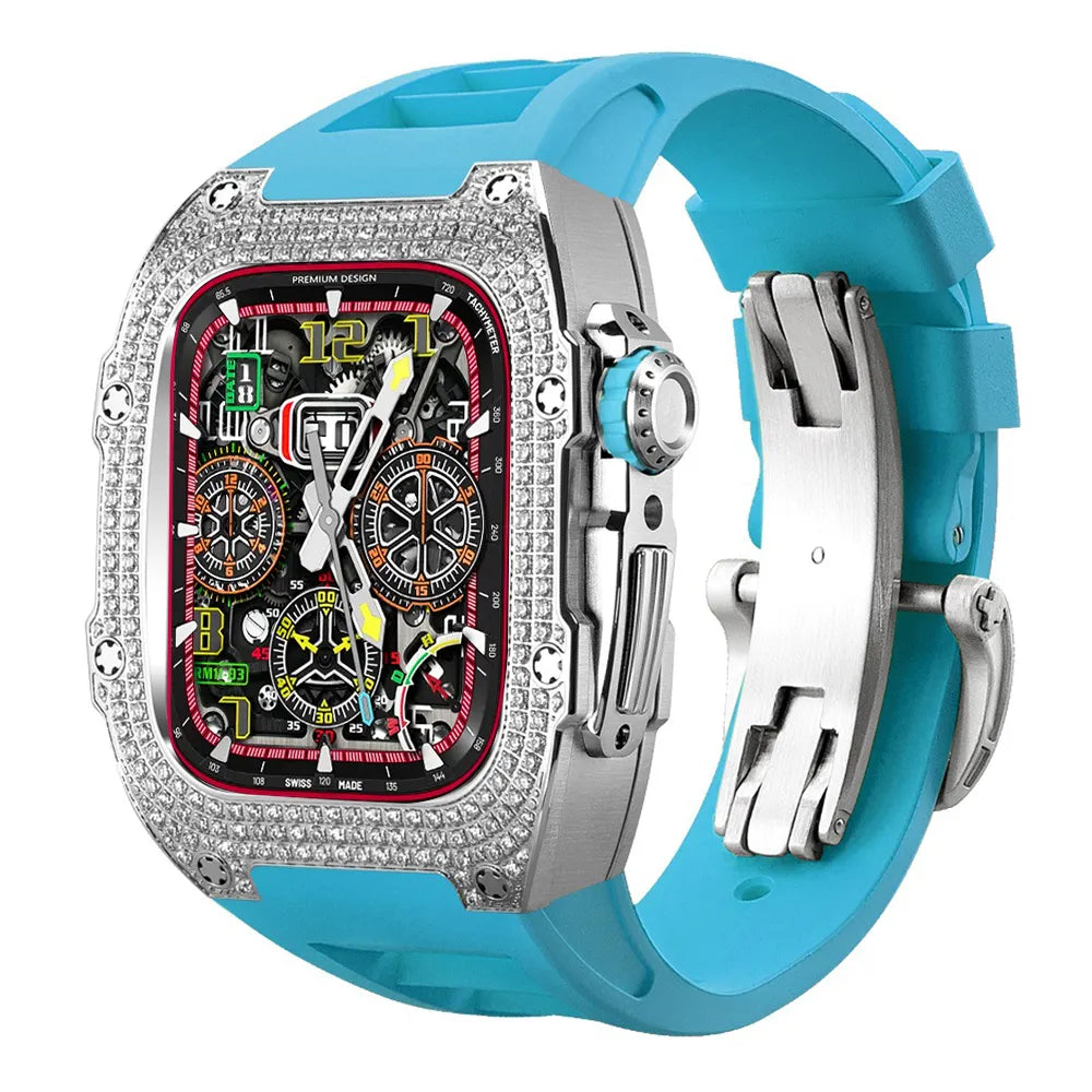 Diamond Stainless Steel Apple Watch Case Retrofit Kit - blue band#color_blue