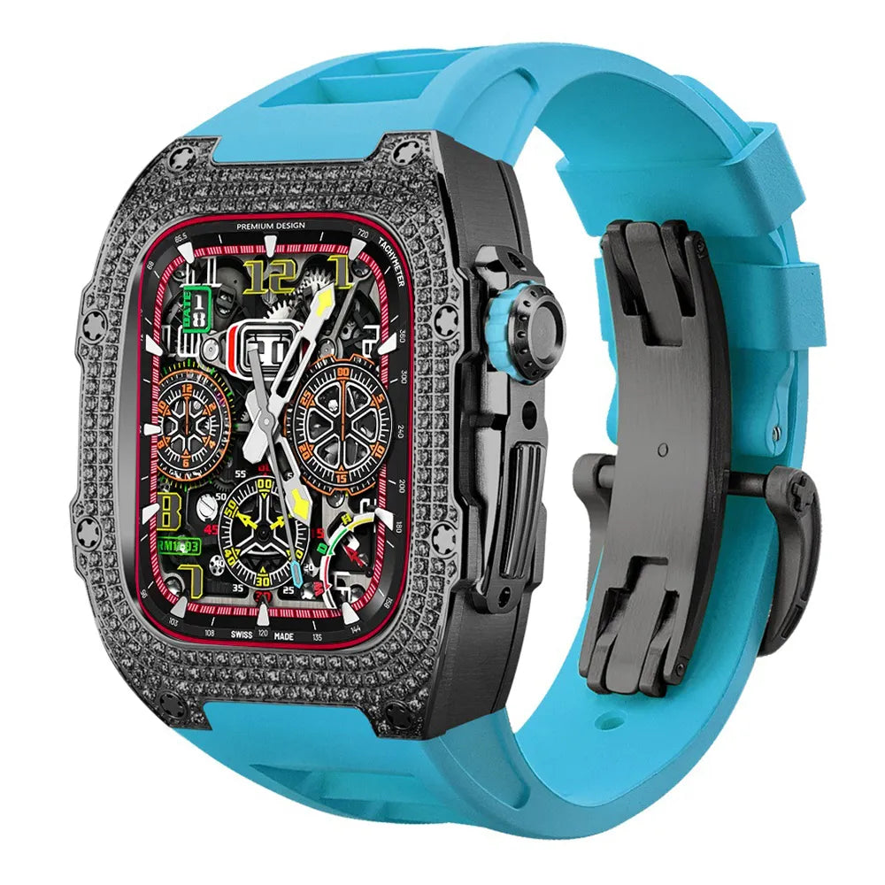 Diamond Stainless Steel Apple Watch Case Retrofit Kit - blue band#color_blue