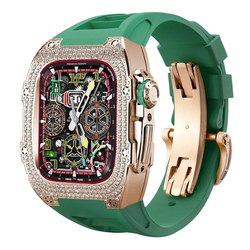 Diamond Stainless Steel Apple Watch Case Retrofit Kit - green band#color_green