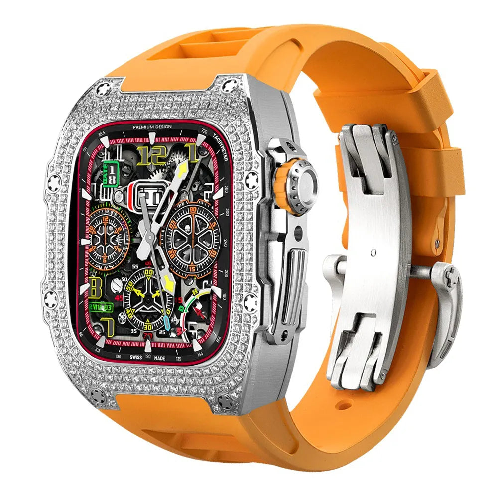 Diamond Stainless Steel Apple Watch Case Retrofit Kit - orange band#color_orange