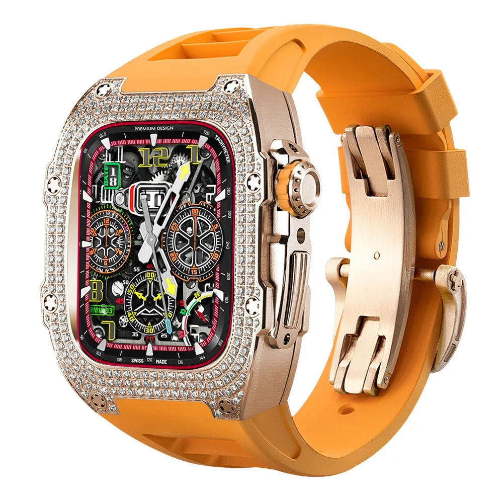 Diamond Stainless Steel Apple Watch Case Retrofit Kit - orange band#color_orange