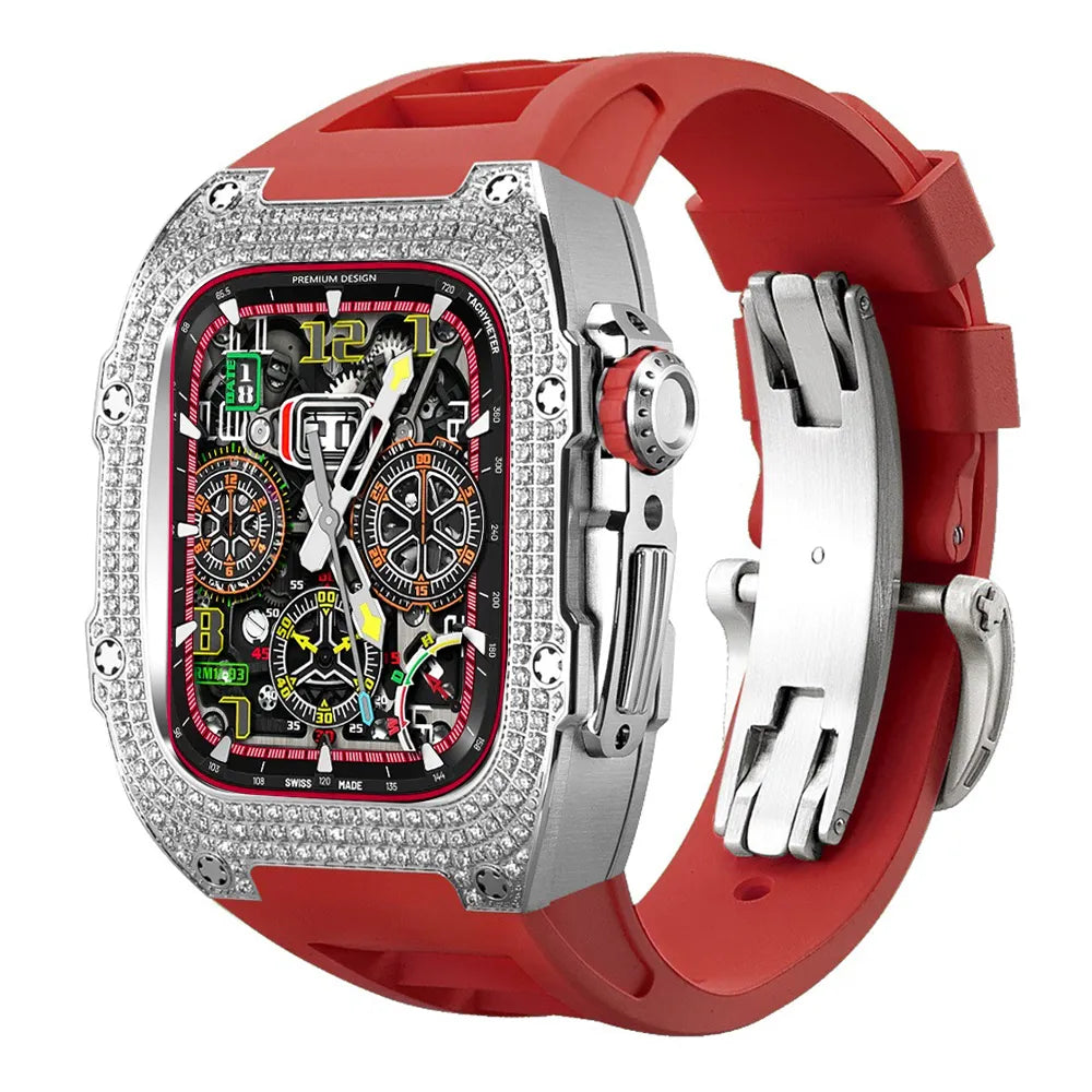 Diamond Stainless Steel Apple Watch Case Retrofit Kit - red band#color_red