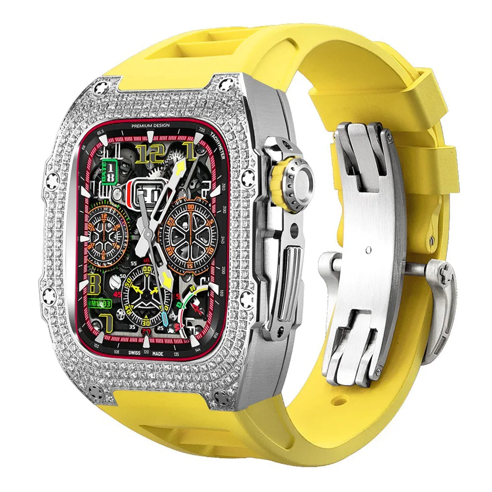 Diamond Stainless Steel Apple Watch Case Retrofit Kit - yellow band#color_yellow