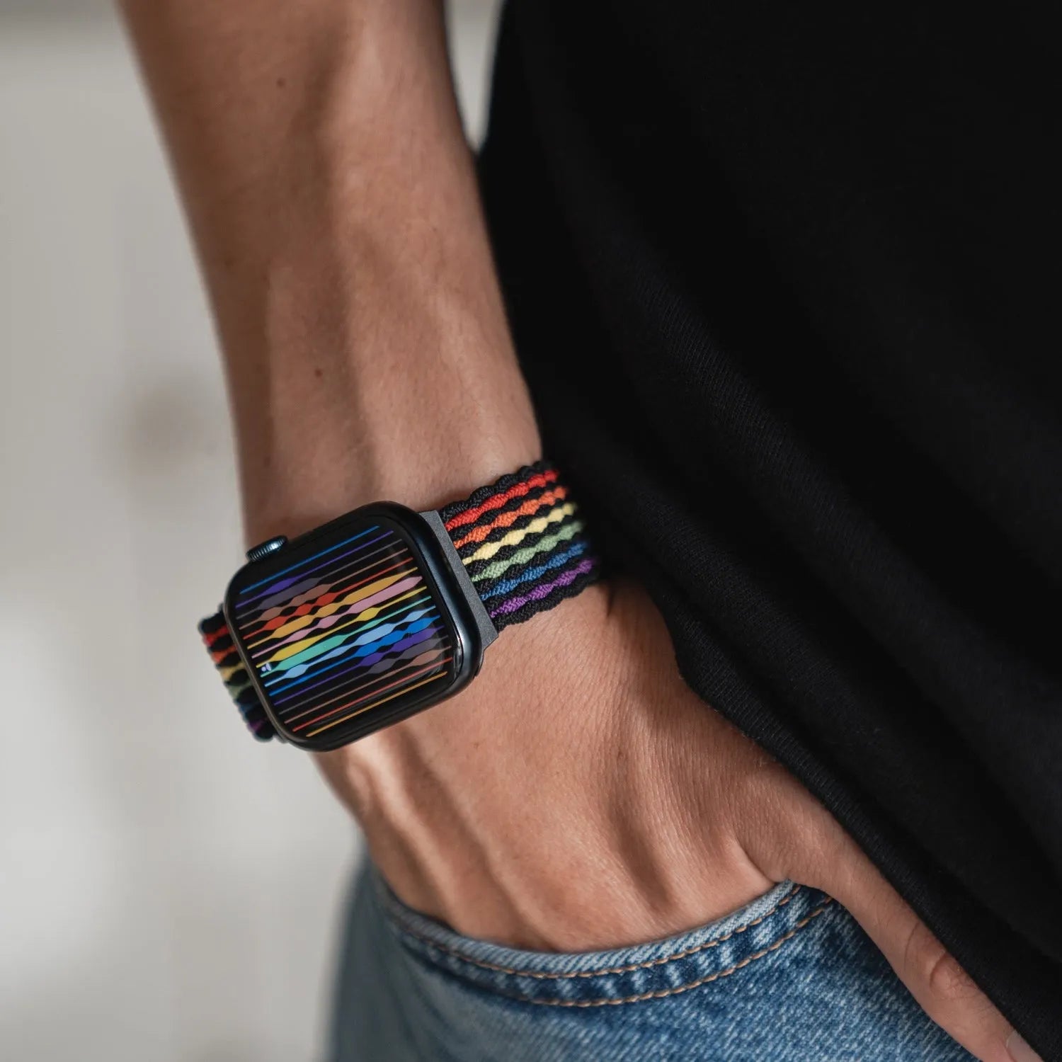 Adjustable Apple Watch Braided Loop#color_black rainbow
