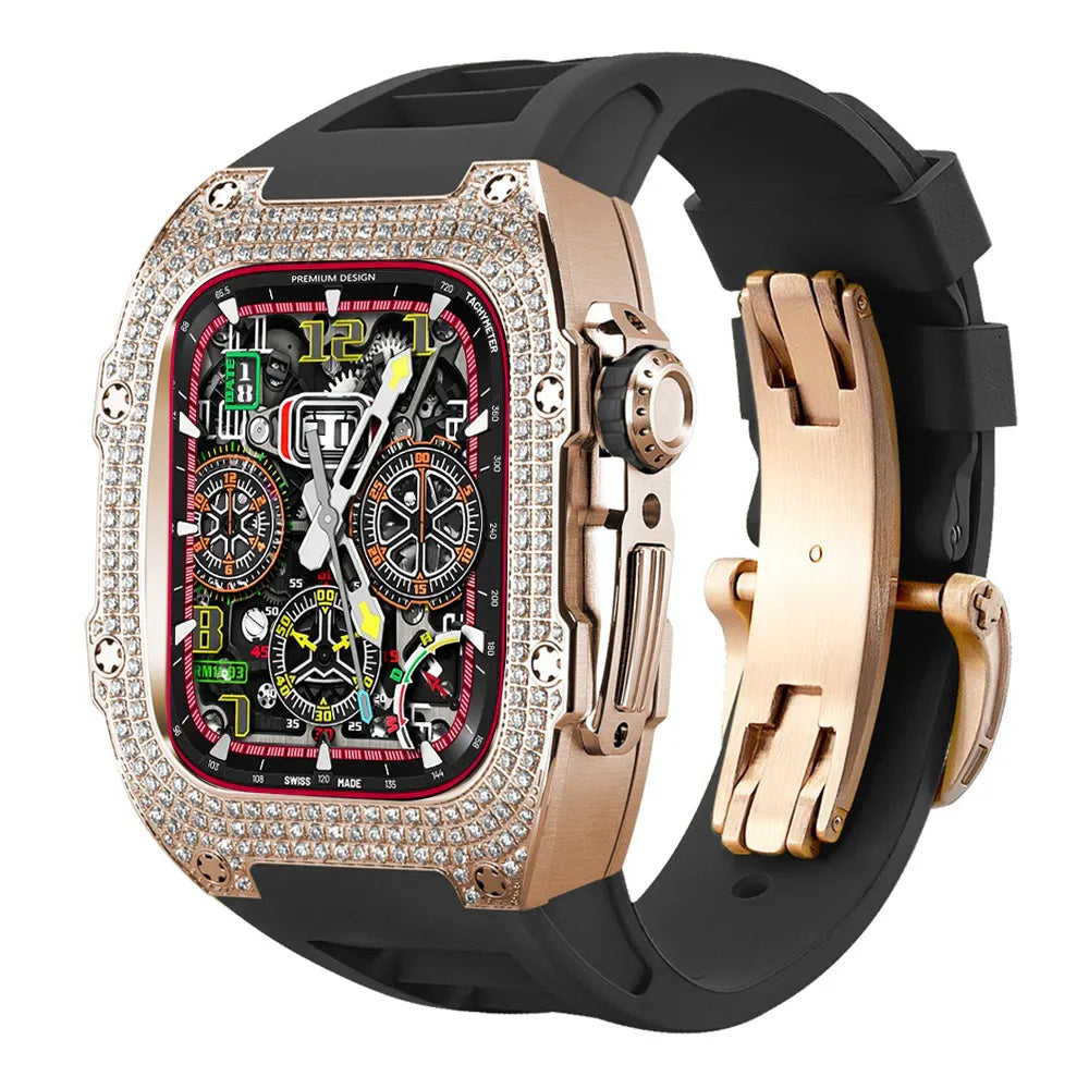 Diamond Stainless Steel Apple Watch Case Retrofit Kit - black band#color_black