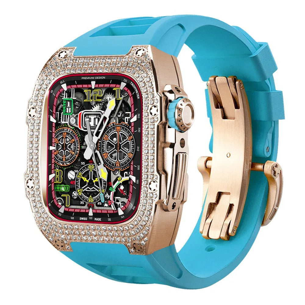 Diamond Stainless Steel Apple Watch Case Retrofit Kit - blue band#color_blue