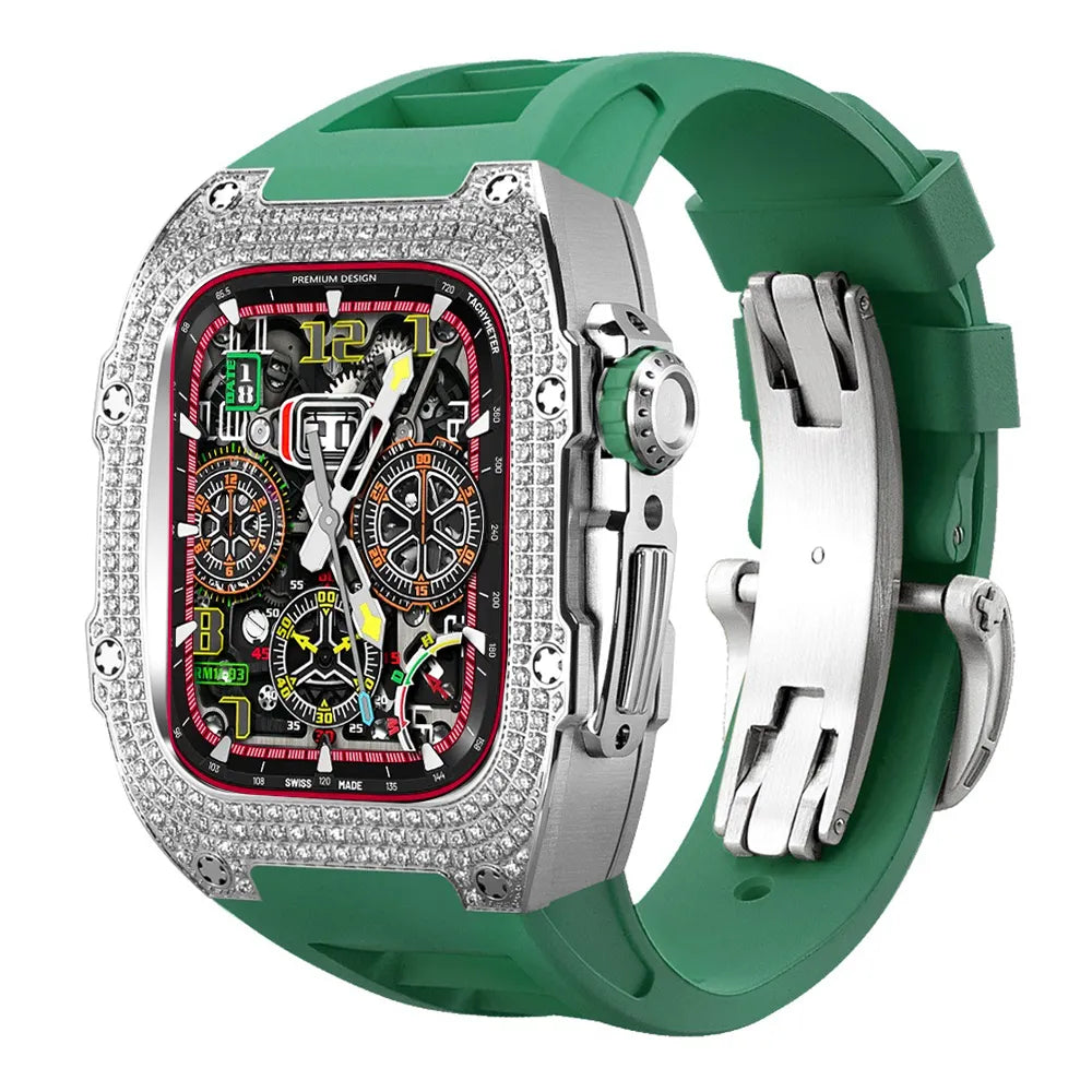 Diamond Stainless Steel Apple Watch Case Retrofit Kit - green band#color_green