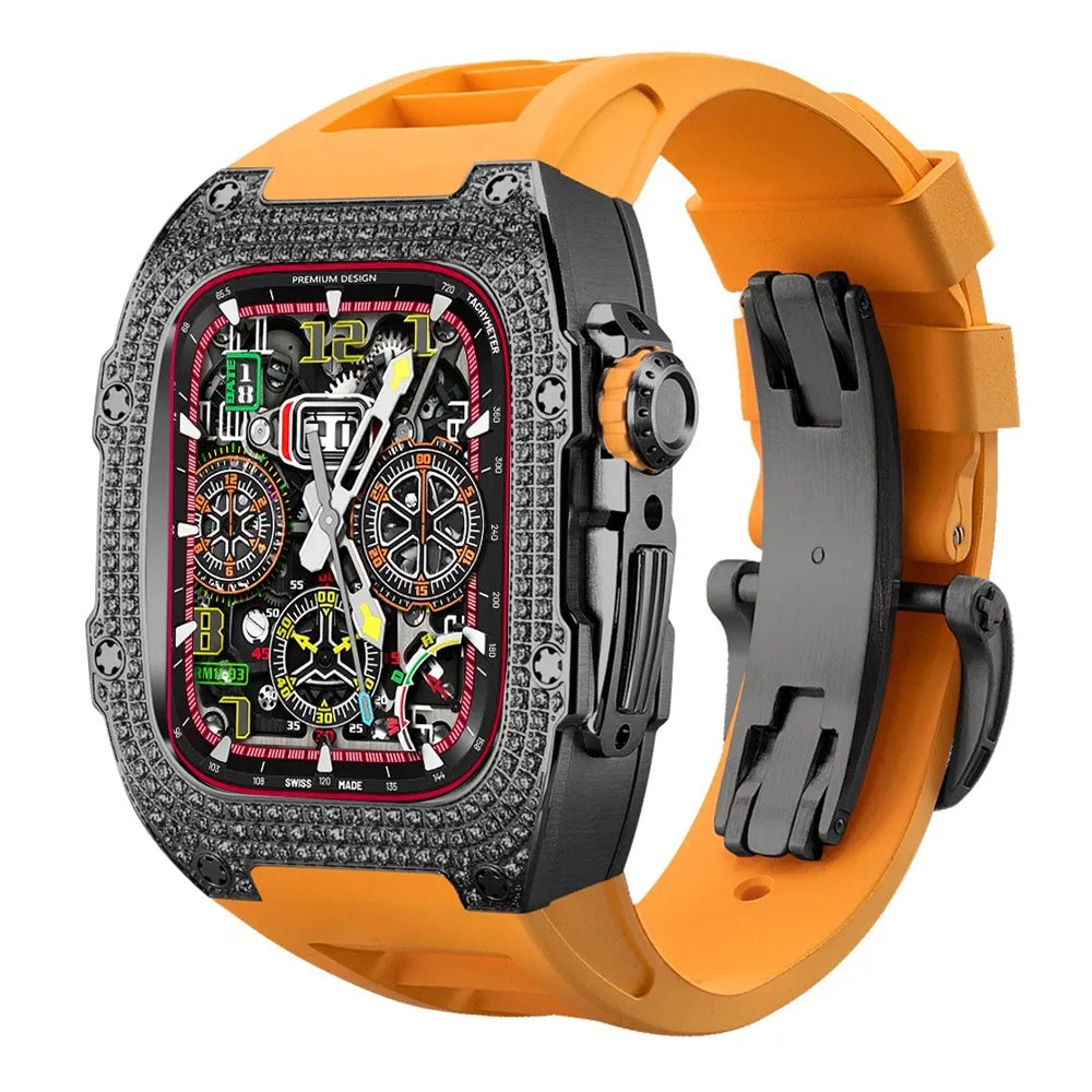 Diamond Stainless Steel Apple Watch Case Retrofit Kit - orange band#color_orange
