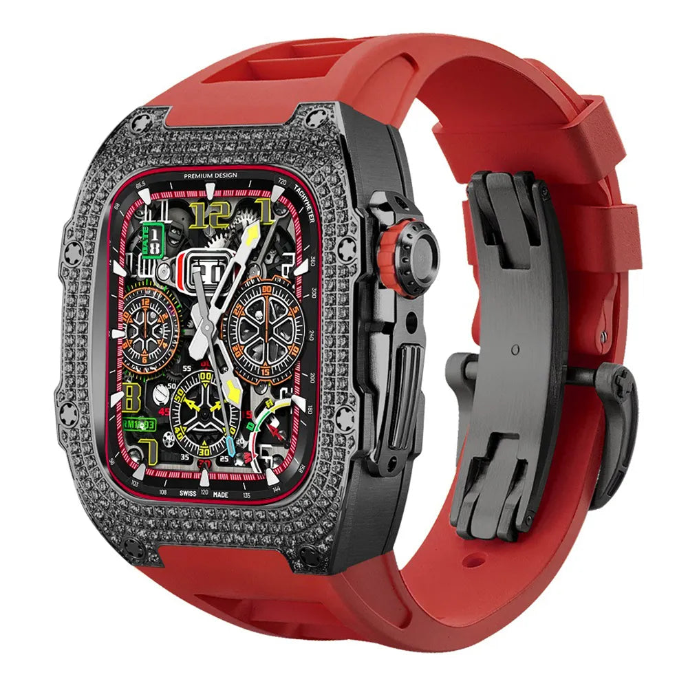 Diamond Stainless Steel Apple Watch Case Retrofit Kit - red band#color_red