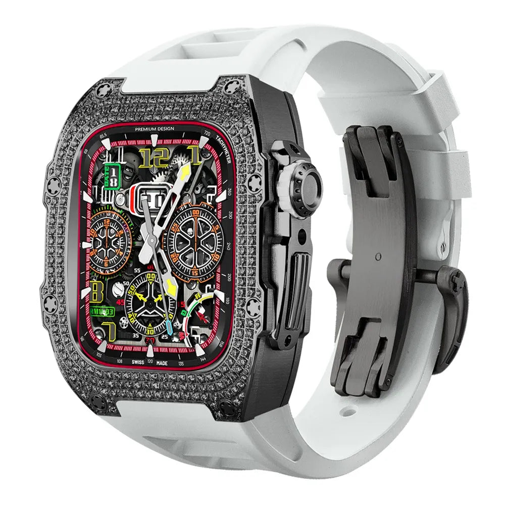 Diamond Stainless Steel Apple Watch Case Retrofit Kit - white band#color_white