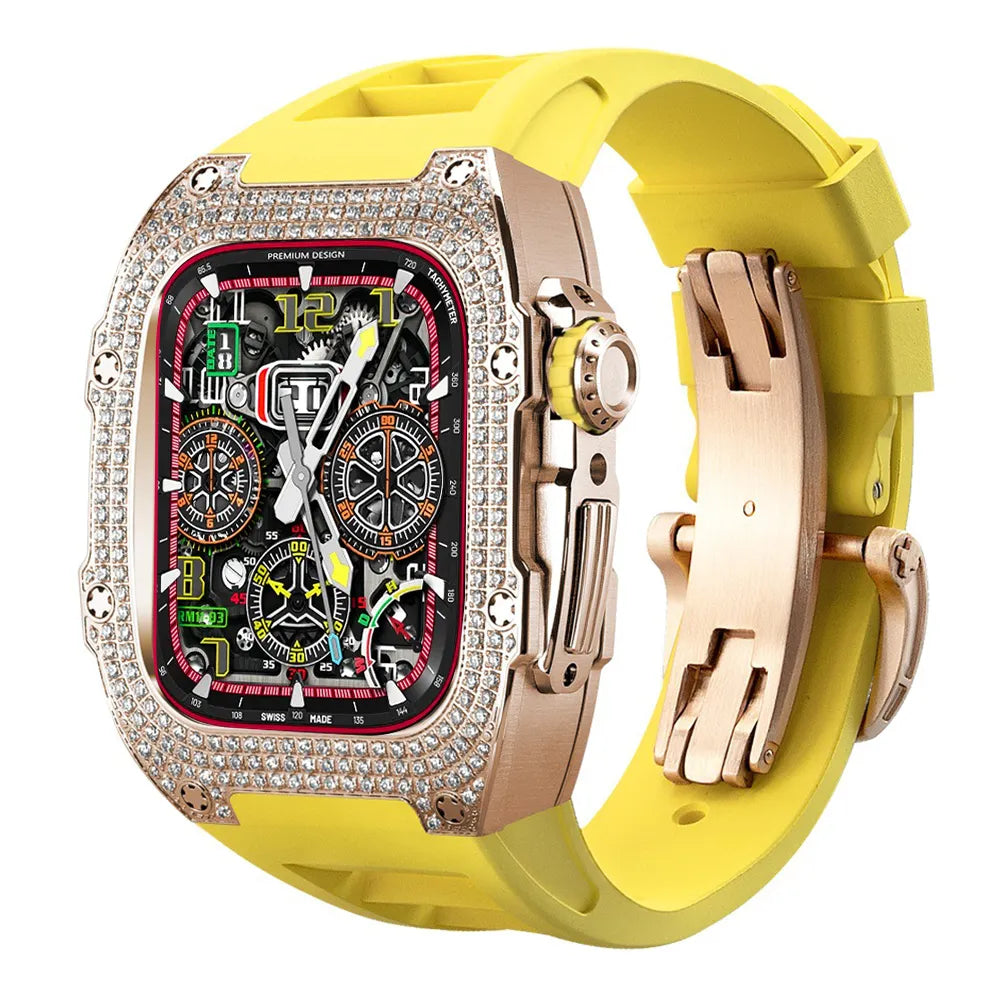 Diamond Stainless Steel Apple Watch Case Retrofit Kit - yellow band#color_yellow